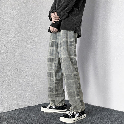 Men Jeans Autumn Loose Straight Wide Leg Pants Retro Trousers