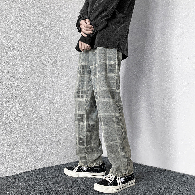 Men Jeans Autumn Plaid Worn Jeans Wide Leg Pants Loose Straight Trousers