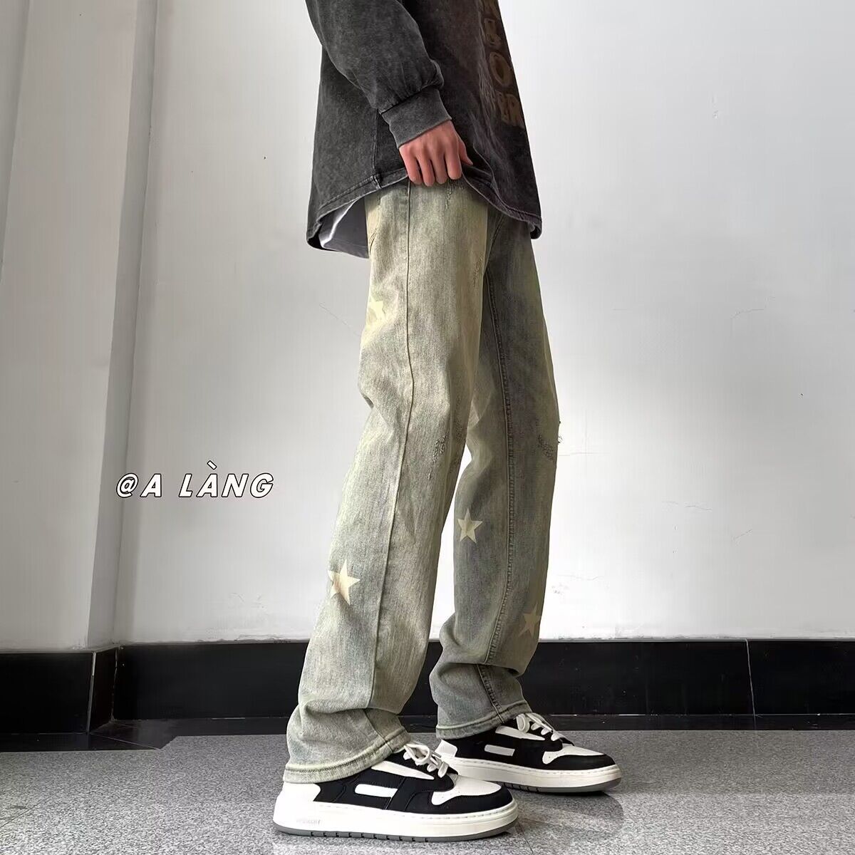 Men Jeans Retro Washed Straight-Leg Pants Loose Casual Pants