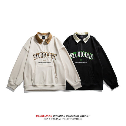 Men Pullover Hoodie Spring Long Sleeve Polo Shirt Men's American Retro Loose Trendy Sweater