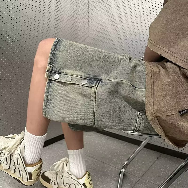 Men Jeans Breasted Slit Denim Shorts Summer Distressed Retro plus Size Pants