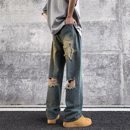 Men Jeans Summer Vintage Vibe Ripped Wide Leg Pants