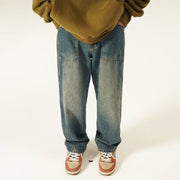 Men Jeans Washed Worn Jeans Men's Straight-Leg Trousers Wide Leg Pants
