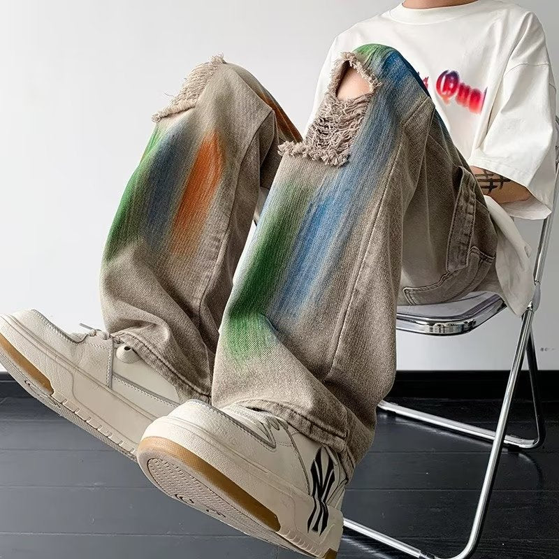 Men Jeans Vintage Inkjet Ribbon Ripped Jeans