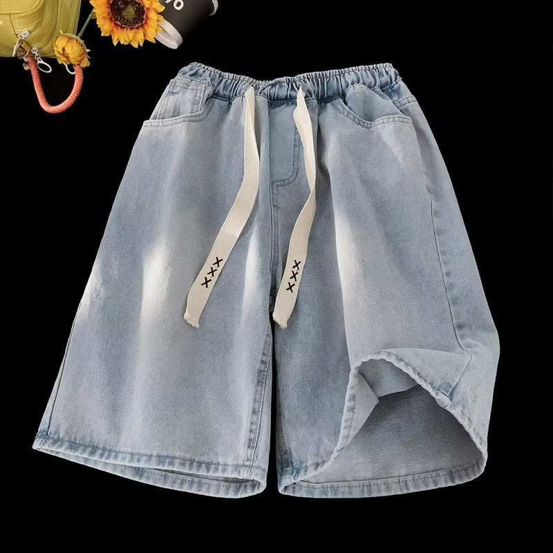 Men Jeans Drawstring Denim Shorts Men's Pants Summer Straight Loose Shorts