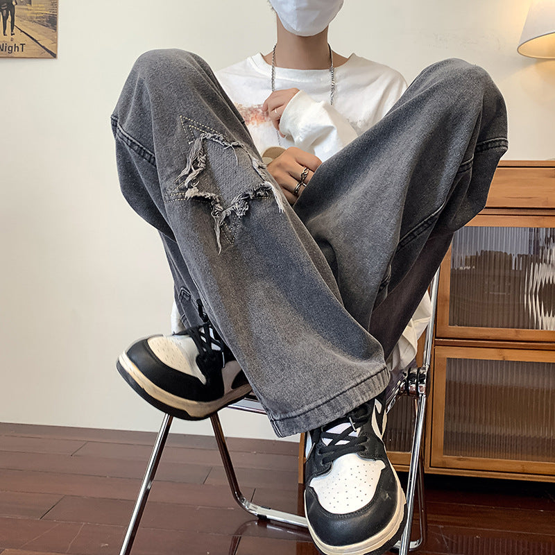Men Jeans Ripped Washed Jeans Spring and Autumn Loose Straight Wide-Leg Pants