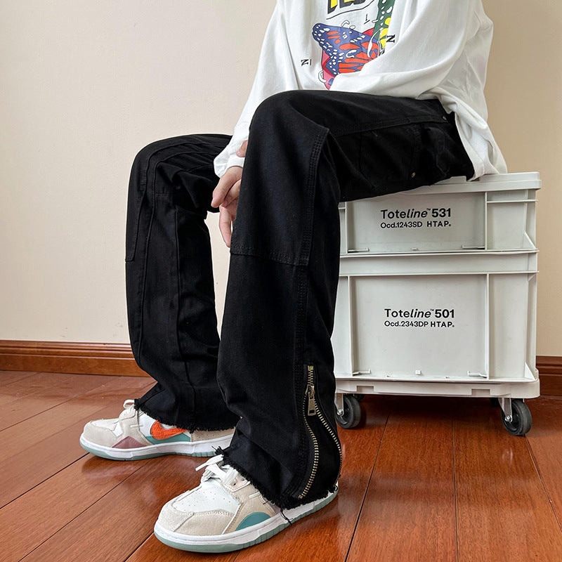 Men Jeans Black Jeans Loose Zip Straight Wide Leg Casual Pants
