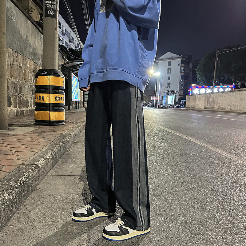 Men Jeans Distressed Straight Wide Leg Jeans Men Autumn Loose Casual Trousers