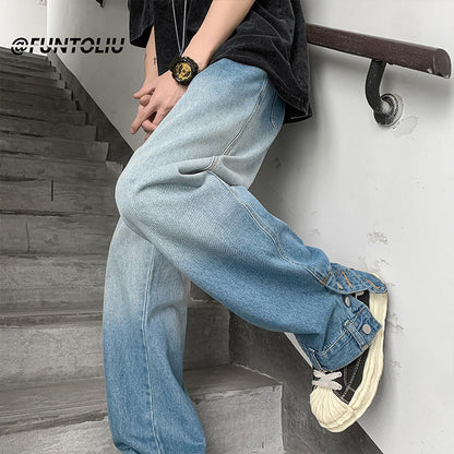 Men Jeans Retro Tie-Dyed Jeans Loose Straight Casual Pants