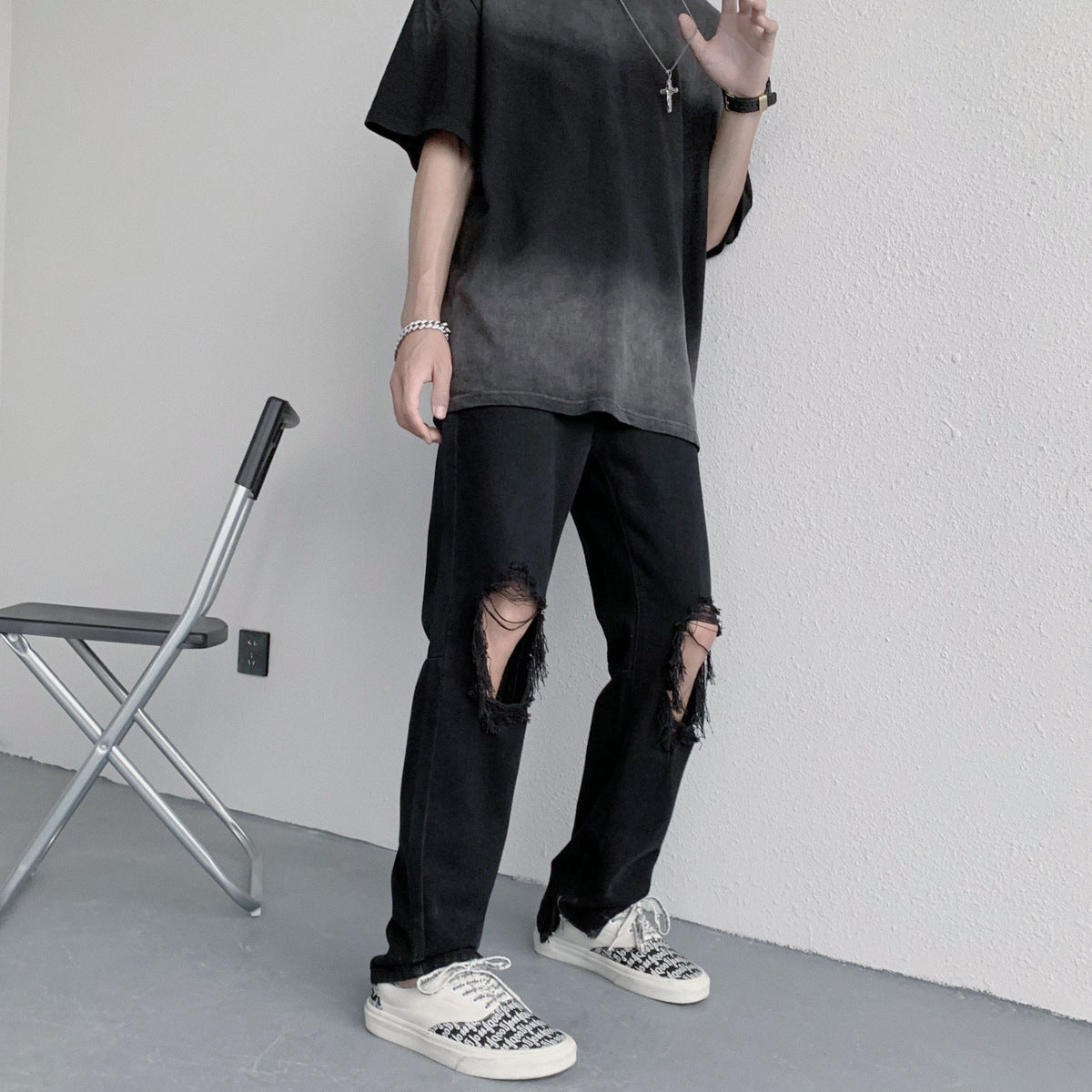 Men Jeans Ripped Jeans Men's Summer Loose Straight Wide Leg Pants