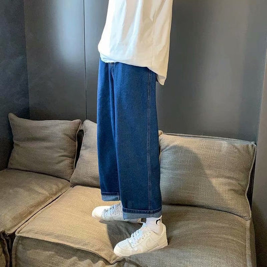 Men Jeans Vintage Light Color Elastic Waist Jeans Straight Wide Pants