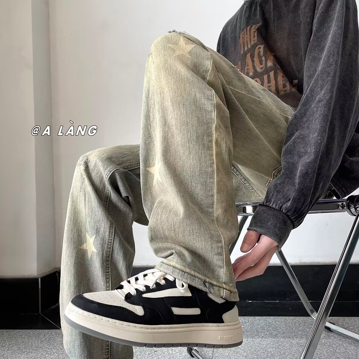 Men Jeans Retro Washed Straight-Leg Pants Loose Casual Pants