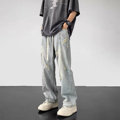 Men Jeans Summer Water Washed Hole Loose Straight Casual Trousers