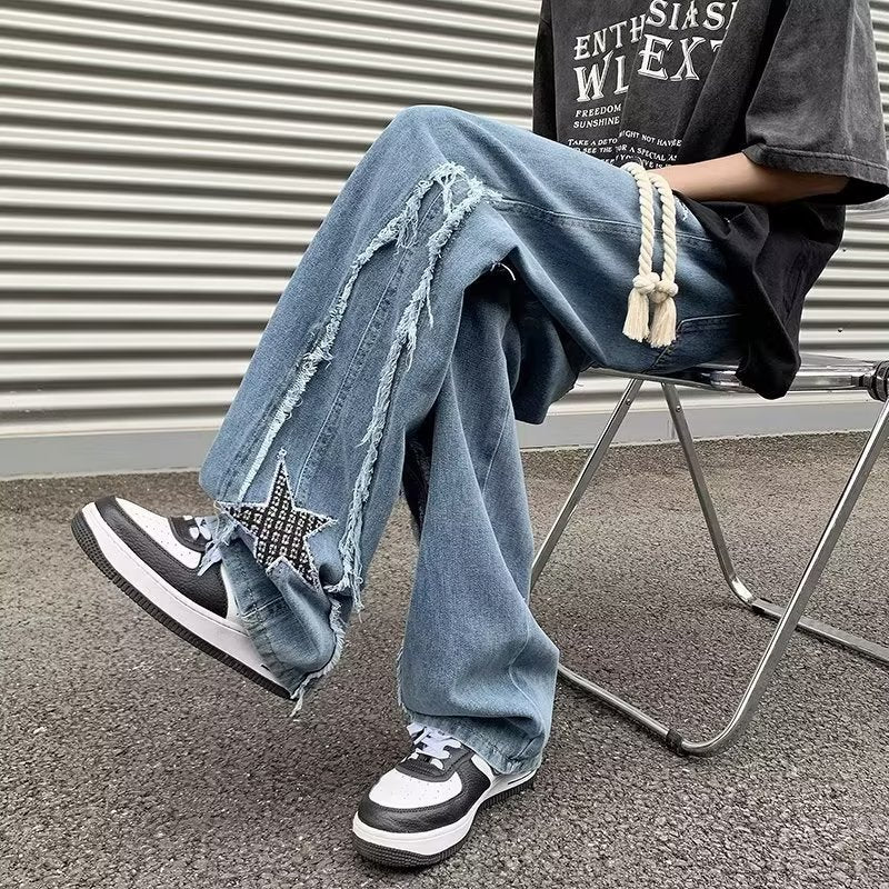 Men Jeans Embroidered Jeans Men's Summer Retro Loose Wide-Leg Straight Pants