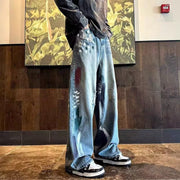 Men Jeans Men's Autumn Washed Distressed Wide-Leg Pants Loose Straight Casual Trousers