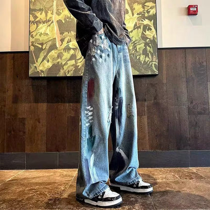 Men Jeans Men's Autumn Washed Distressed Wide-Leg Pants Loose Straight Casual Trousers