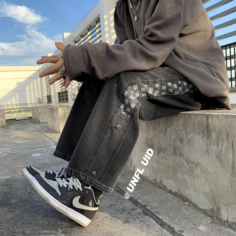 Men Jeans Plaid Denim Trousers Men Spring Autumn Loose Straight Wide Leg Pants