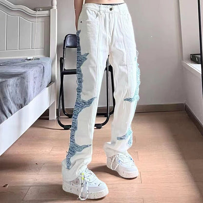 Men Jeans Patchwork Jeans Male Hiphop Loose Straight Trousers