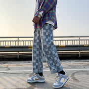 Men Jeans Chessboard Plaid Jeans Baggy Straight Trousers Wide Leg Pants
