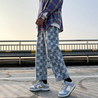 Men Jeans Chessboard Plaid Jeans Baggy Straight Trousers Wide Leg Pants