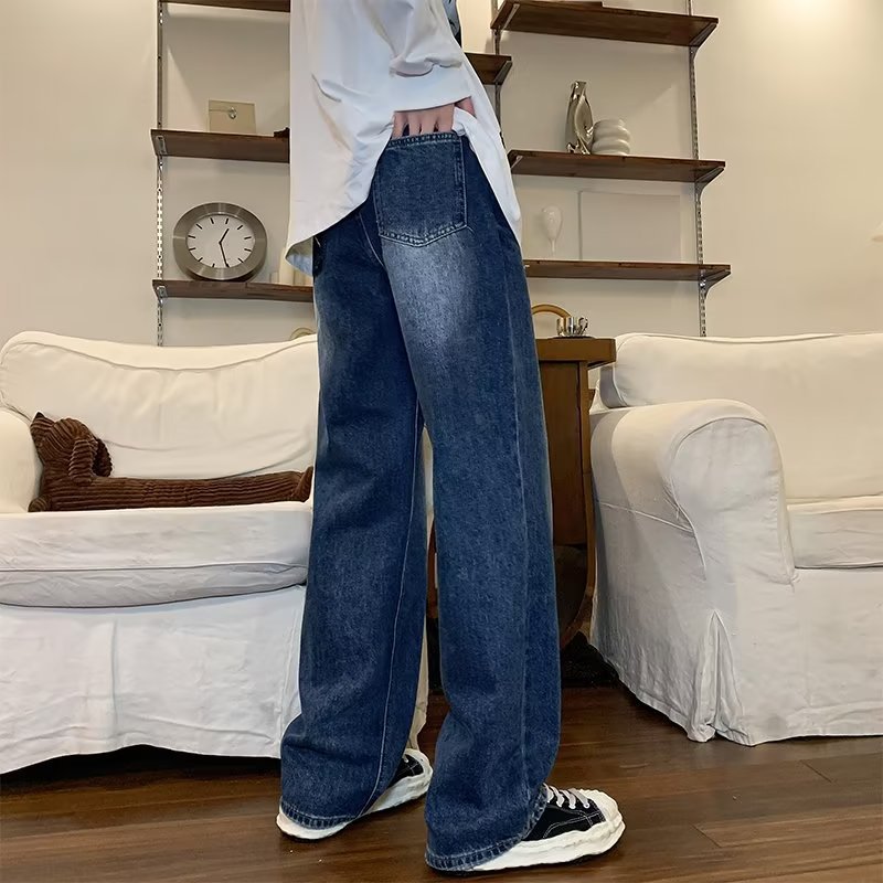 Men Jeans Straight Jeans Spring Retro Washed Loose Casual Trousers