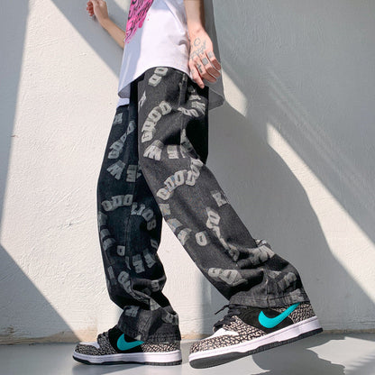 Men Jeans Hiphop Casual Loose Denim Trousers Straight-Leg Pants