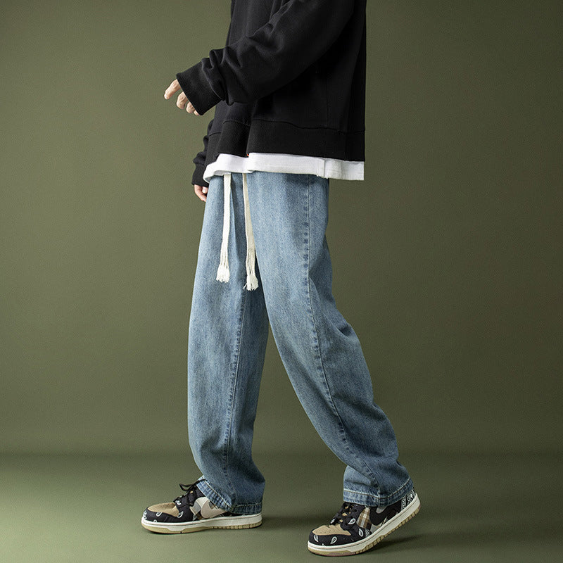 Men Jeans Spring and Autumn Straight Loose Drawstring Pants Retro Wide-Leg Pants