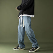 Men Jeans Spring and Autumn Straight Loose Drawstring Pants Retro Wide-Leg Pants