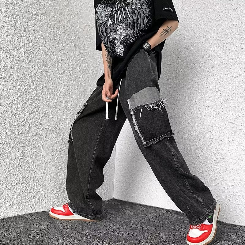 Men Jeans Patch Ripped Jeans Summer Retro Straight Loose Pants