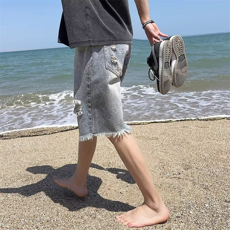 Men Jeans Hole Repair Denim Shorts Summer Vintage Shorts