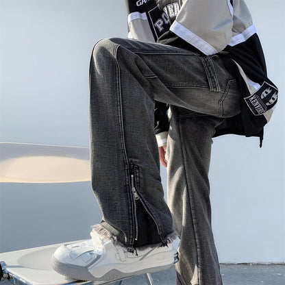 Men Jeans Oversize Zipper Jeans Summer Slim-Fit Micro Flared Pants