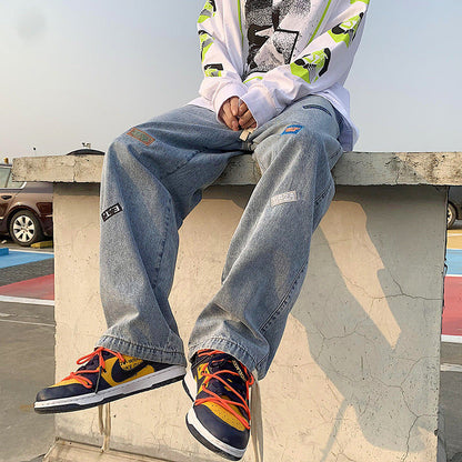 Men Jeans Summer Baggy Straight Trousers Wide Leg Pants