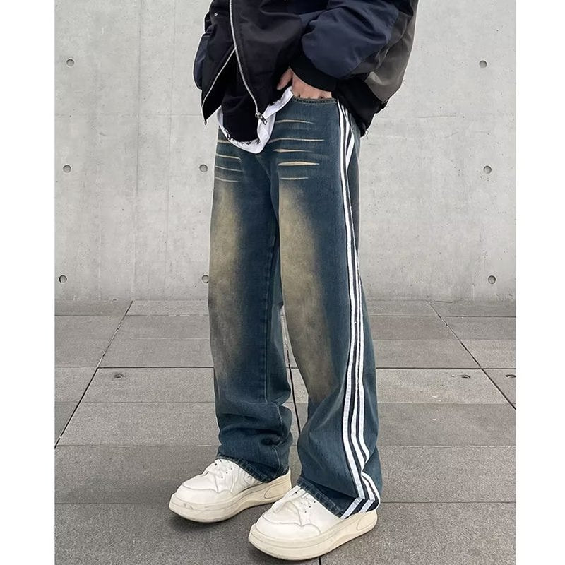 Men Jeans Retro Washed Distressed Loose Straight Jeans