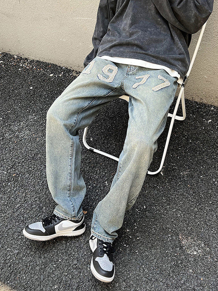 Men Jeans Vintage 1977 Embroidered Jeans Men Slim-Fitting Straight Pants