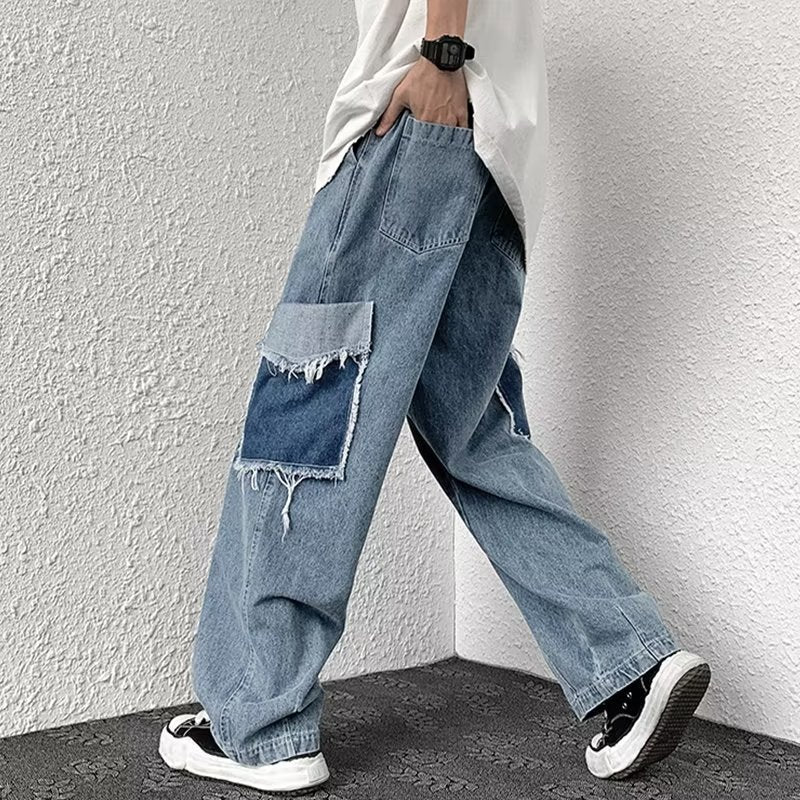 Men Jeans Patch Ripped Jeans Summer Retro Straight Loose Pants