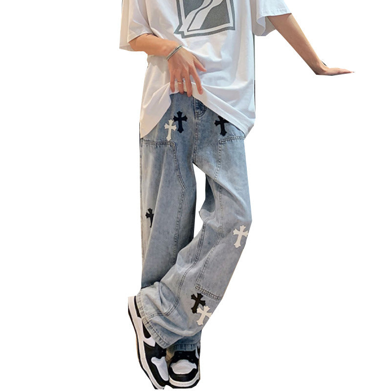 Men Jeans Cross Labeling Jeans Men's Loose Straight Casual Pants