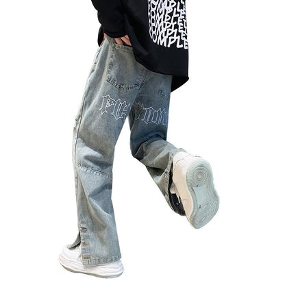 Men Jeans Letter Embroidered Jeans Men's Spring/Summer Hip Hop Straight-Leg Pants