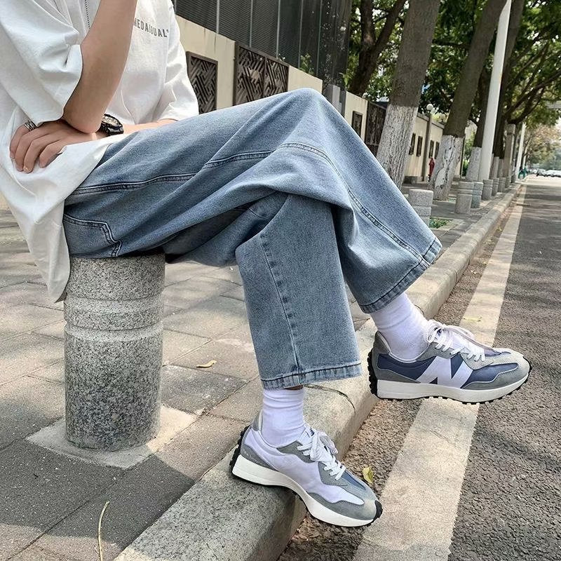 Men Jeans Vintage Light Color Elastic Waist Jeans Straight Wide Pants