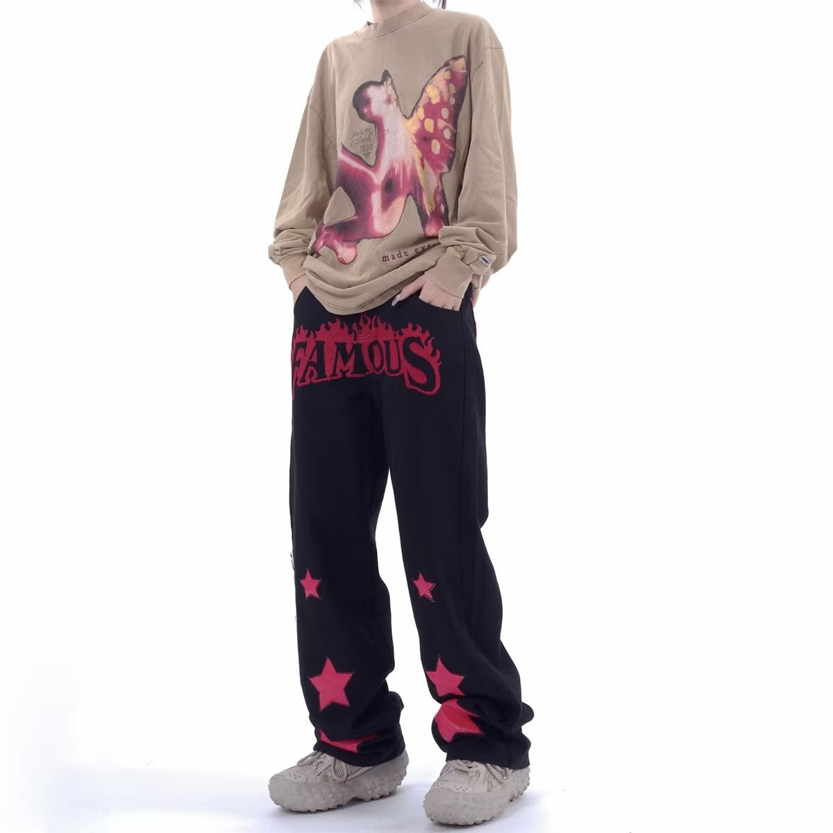 Men Jeans XINGX Paste Cloth Embroidery Jeans Retro Hip Hop Straight Loose Trousers