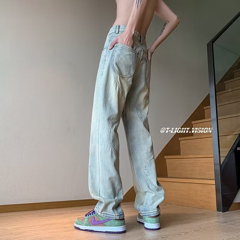 Men Jeans Stitching Washed Jeans Straight-Leg Pants