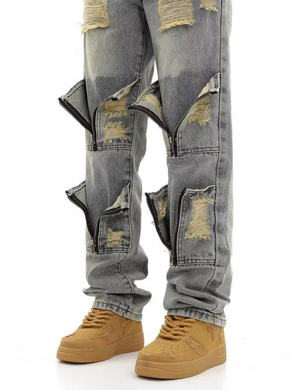 Men Jeans Vintage Distressed Multi-Pocket Straight Jeans