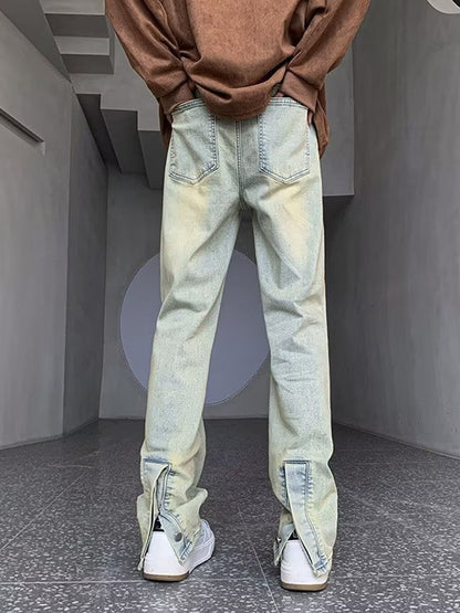 Men Jeans Spring and Autumn Zipper Split Jeans Slim Fit Skinny Straight-Leg Pants
