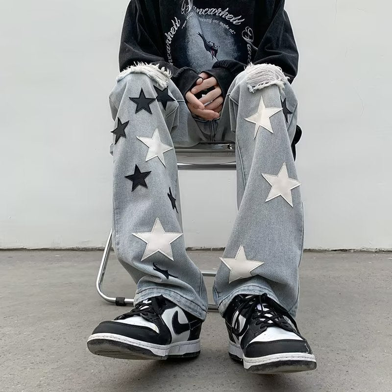 Men Jeans Five-Pointed Star Ripped Jeans Men's Spring Loose Straight Wide-Leg Pants