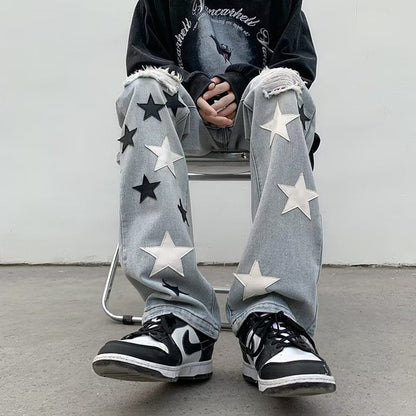 Men Jeans Five-Pointed Star Ripped Jeans Men's Spring Loose Straight Wide-Leg Pants
