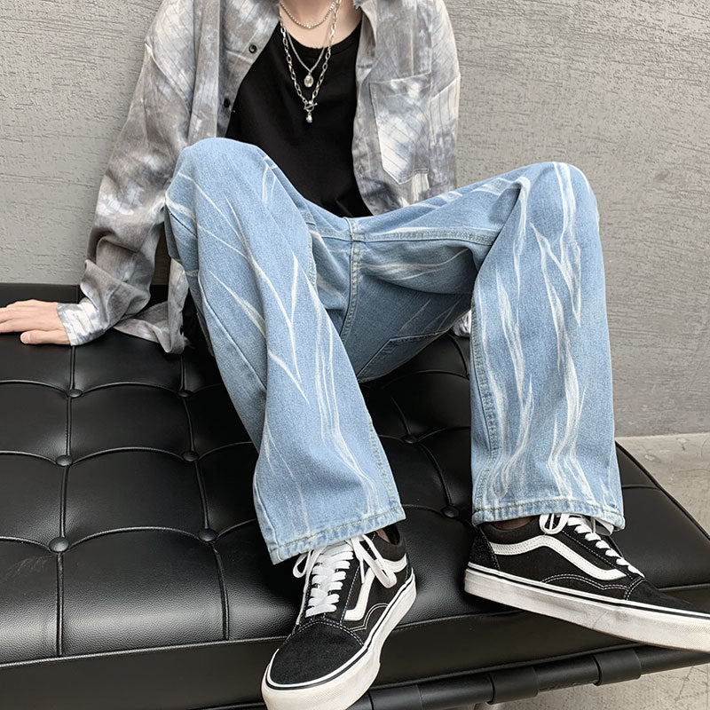 Men Jeans Tie-Dyed Jeans Men's Summer Straight Loose Hiphop Wide Leg Trousers