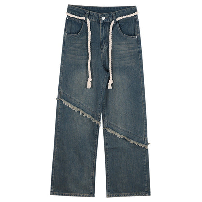 Men Jeans Vintage Jeans Loose High Waist Straight Wide Leg Pants