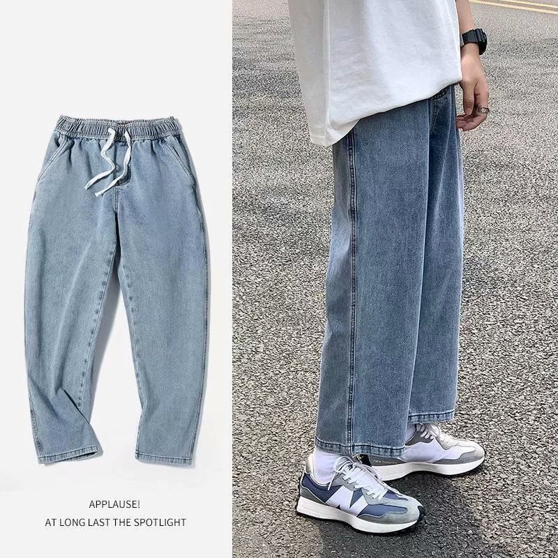 Men Jeans Vintage Light Elastic Waist Jeans Straight Loose Pants