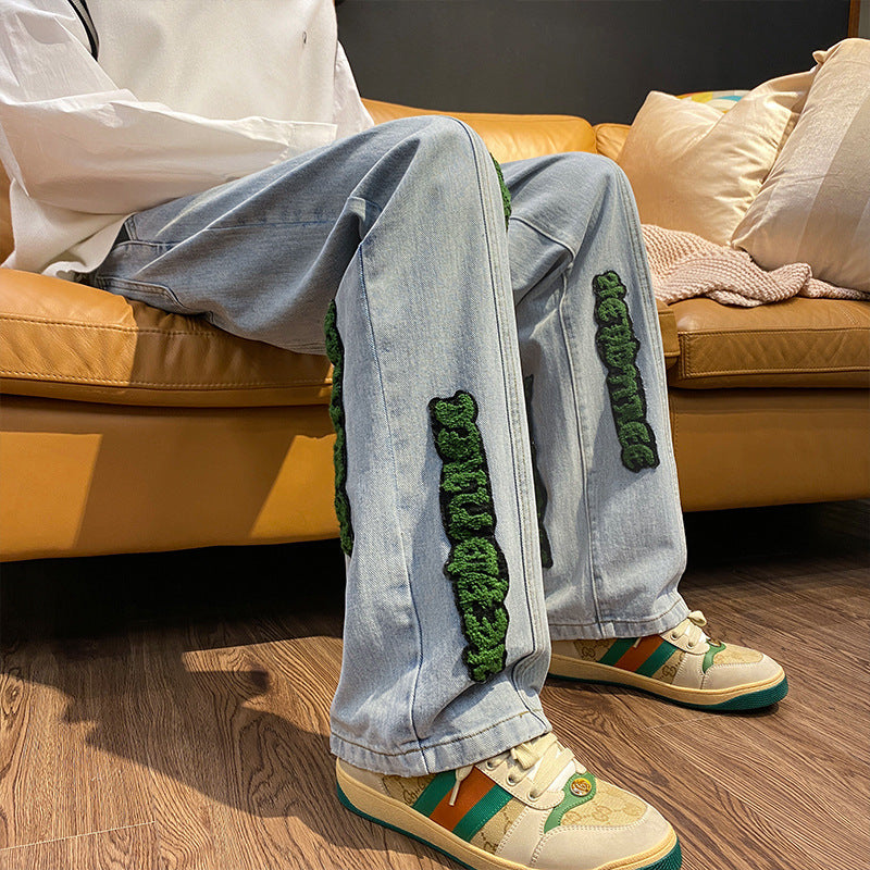 Men Jeans Letter Flocking Jeans Loose Spring and Autumn Retro
