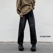 Men Jeans Washed Worn Jeans Men's Autumn and Winter Loose Wide Leg Pants Straight-Leg Pants
