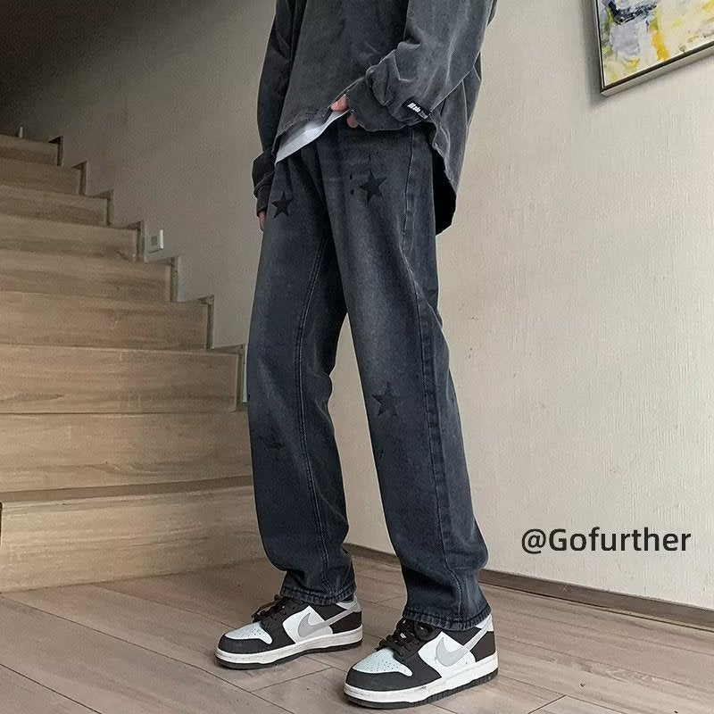 Men Jeans XINGX Printed Jeans Washed Straight Broken Holes Pants